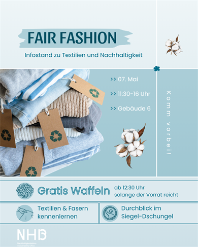 Ein Infostand der Fairtrade AG lädt am Donnerstag, 7. Mai ab 11:30 Uhr im Foyer von Gebäude 6 dazu ein, sich zum Thema Fair Fashion praxisnah zu informieren. 